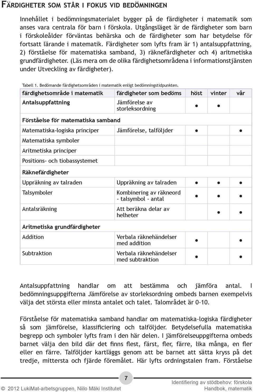 Färdigheter som lyfts fram är 1) antalsuppfattning, 2) förståelse för matematiska samband, 3) räknefärdigheter och 4) aritmetiska grundfärdigheter.