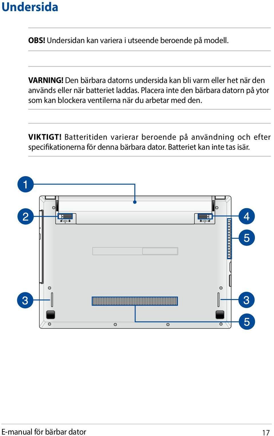 Placera inte den bärbara datorn på ytor som kan blockera ventilerna när du arbetar med den. VIKTIGT!