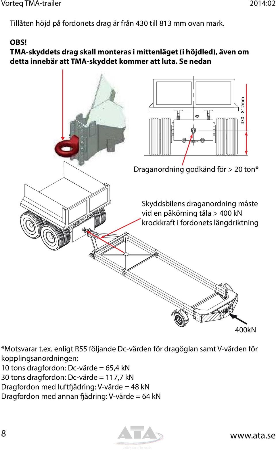 Se nedan 430-812mm Draganordning godkänd för > 20 ton* Skyddsbilens draganordning måste vid en påkörning tåla > 400 kn krockkraft i fordonets längdriktning 400kN