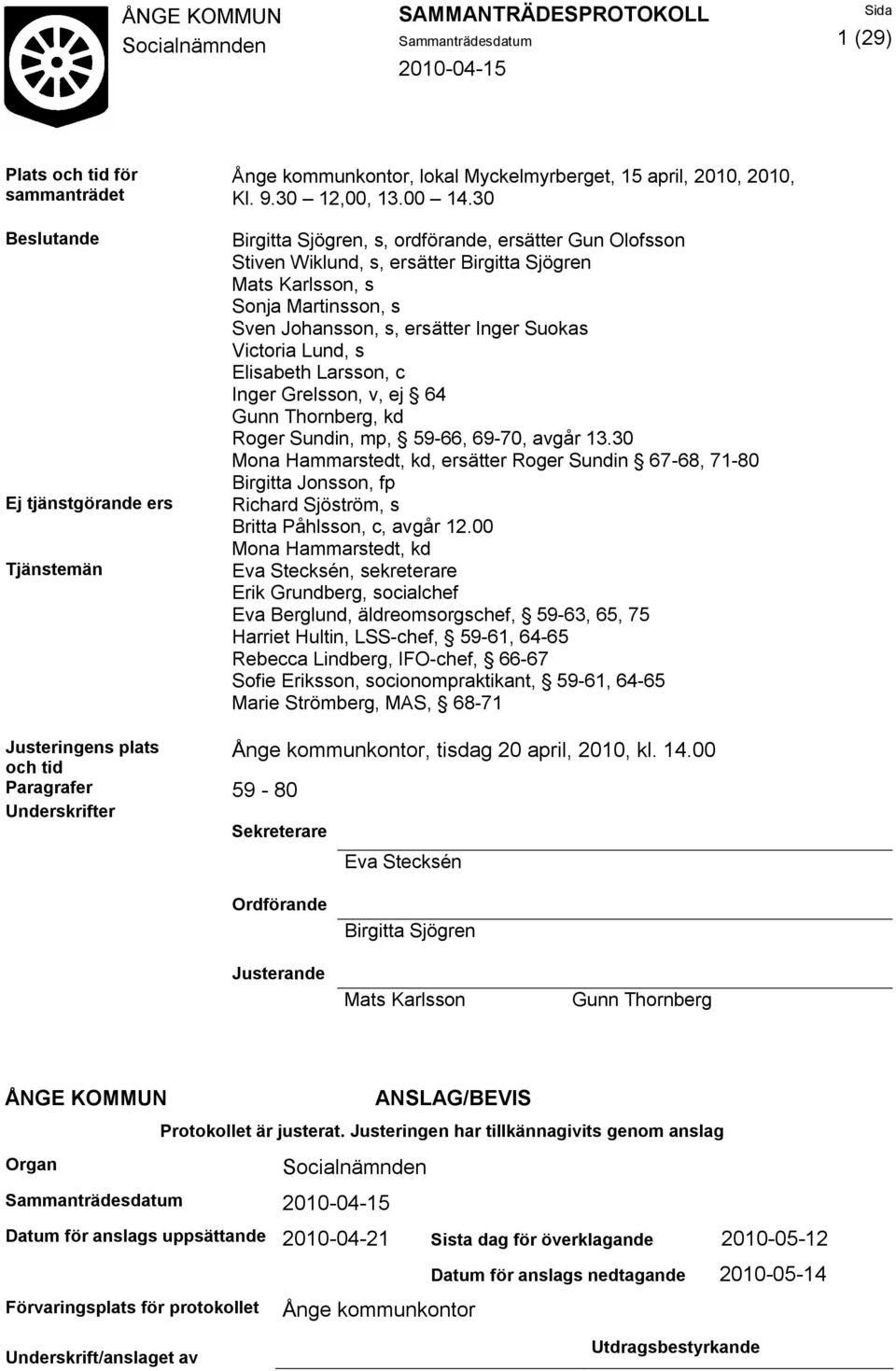 Elisabeth Larsson, c Inger Grelsson, v, ej 64 Gunn Thornberg, kd Roger Sundin, mp, 59-66, 69-70, avgår 13.