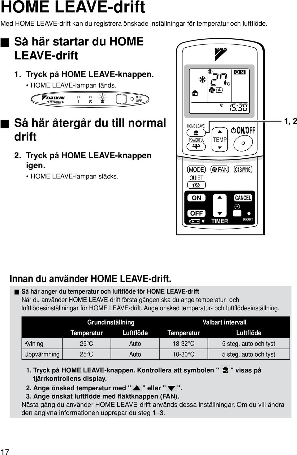 Så här anger du temperatur och luftflöde för HOME LEAVE-drift När du använder HOME LEAVE-drift första gången ska du ange temperatur- och luftflödesinställningar för HOME LEAVE-drift.