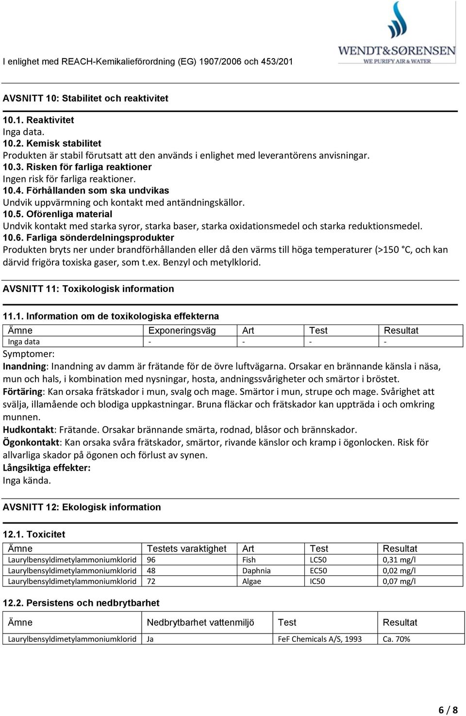 Oförenliga material Undvik kontakt med starka syror, starka baser, starka oxidationsmedel och starka reduktionsmedel. 10.6.