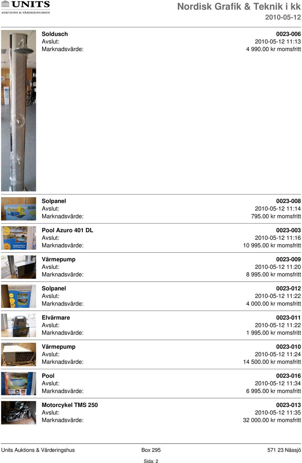 00 kr momsfritt Solpanel 0023-012 Avslut: 11:22 4 000.00 kr momsfritt Elvärmare 0023-011 Avslut: 11:22 1 995.