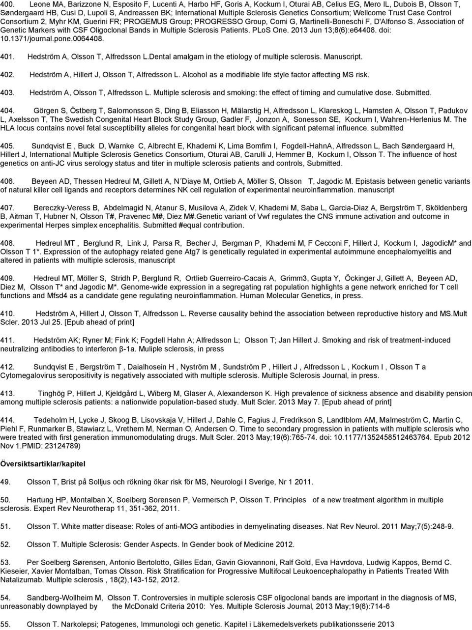 Association of Genetic Markers with CSF Oligoclonal Bands in Multiple Sclerosis Patients. PLoS One. 2013 Jun 13;8(6):e64408. doi: 10.1371/journal.pone.0064408. 401. Hedström A, Olsson T, Alfredsson L.