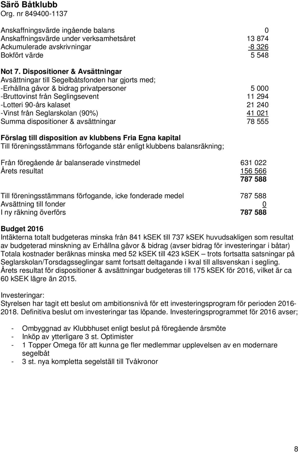 -Vinst från Seglarskolan (90%) 41 021 Summa dispositioner & avsättningar 78 555 Förslag till disposition av klubbens Fria Egna kapital Till föreningsstämmans förfogande står enligt klubbens