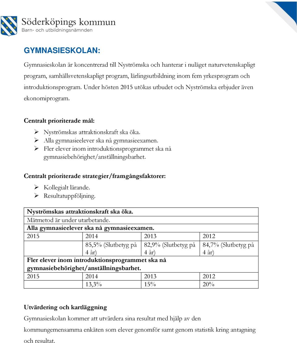 Fler elever inom introduktionsprogrammet ska nå gymnasiebehörighet/anställningsbarhet. Centralt prioriterade strategier/framgångsfaktorer: Kollegialt lärande. Resultatuppföljning.