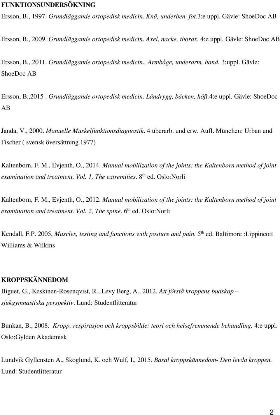 4:e uppl. Gävle: ShoeDoc AB Janda, V., 2000. Manuelle Muskelfunktionsdiagnostik. 4 überarb. und erw. Aufl. München: Urban und Fischer ( svensk översättning 1977) Kaltenborn, F. M., Evjenth, O., 2014.