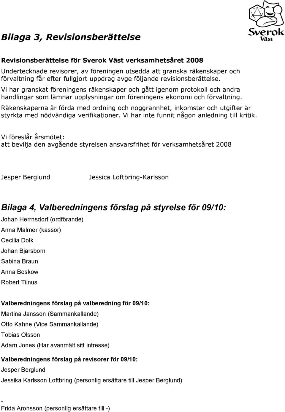 Räkenskaperna är förda med ordning och noggrannhet, inkomster och utgifter är styrkta med nödvändiga verifikationer. Vi har inte funnit någon anledning till kritik.