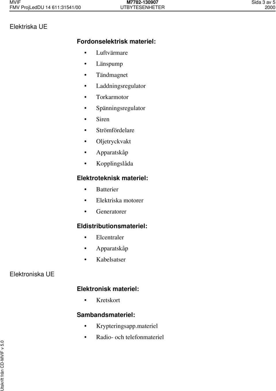 Elektroteknisk materiel: Batterier Elektriska motorer Generatorer Eldistributionsmateriel: Elcentraler Apparatskåp