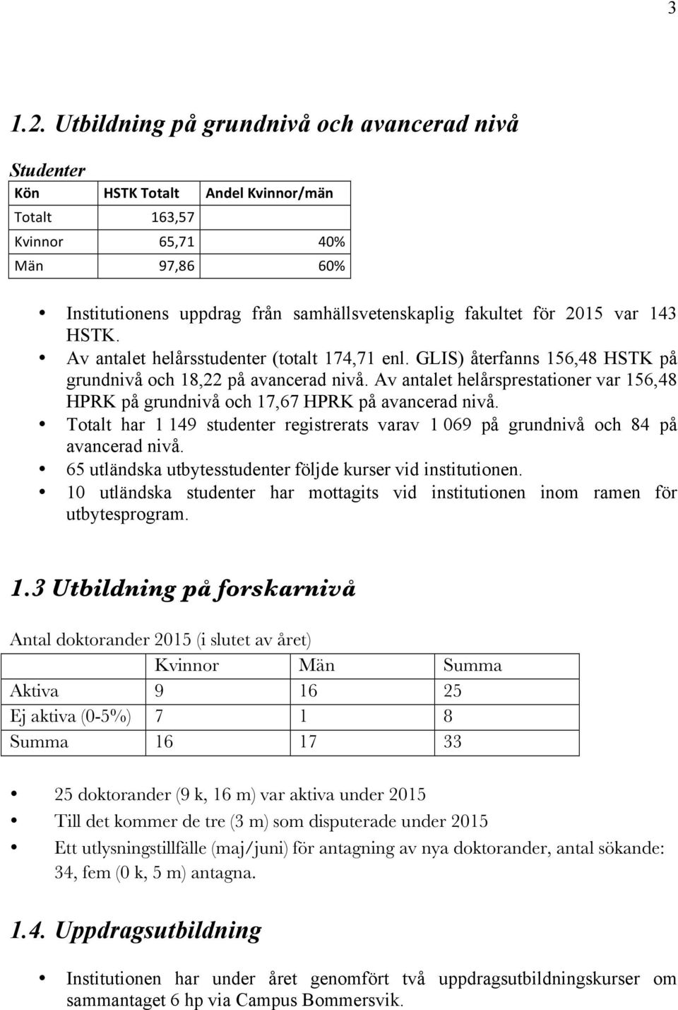 var 143 HSTK. Av antalet helårsstudenter (totalt 174,71 enl. GLIS) återfanns 156,48 HSTK på grundnivå och 18,22 på avancerad nivå.