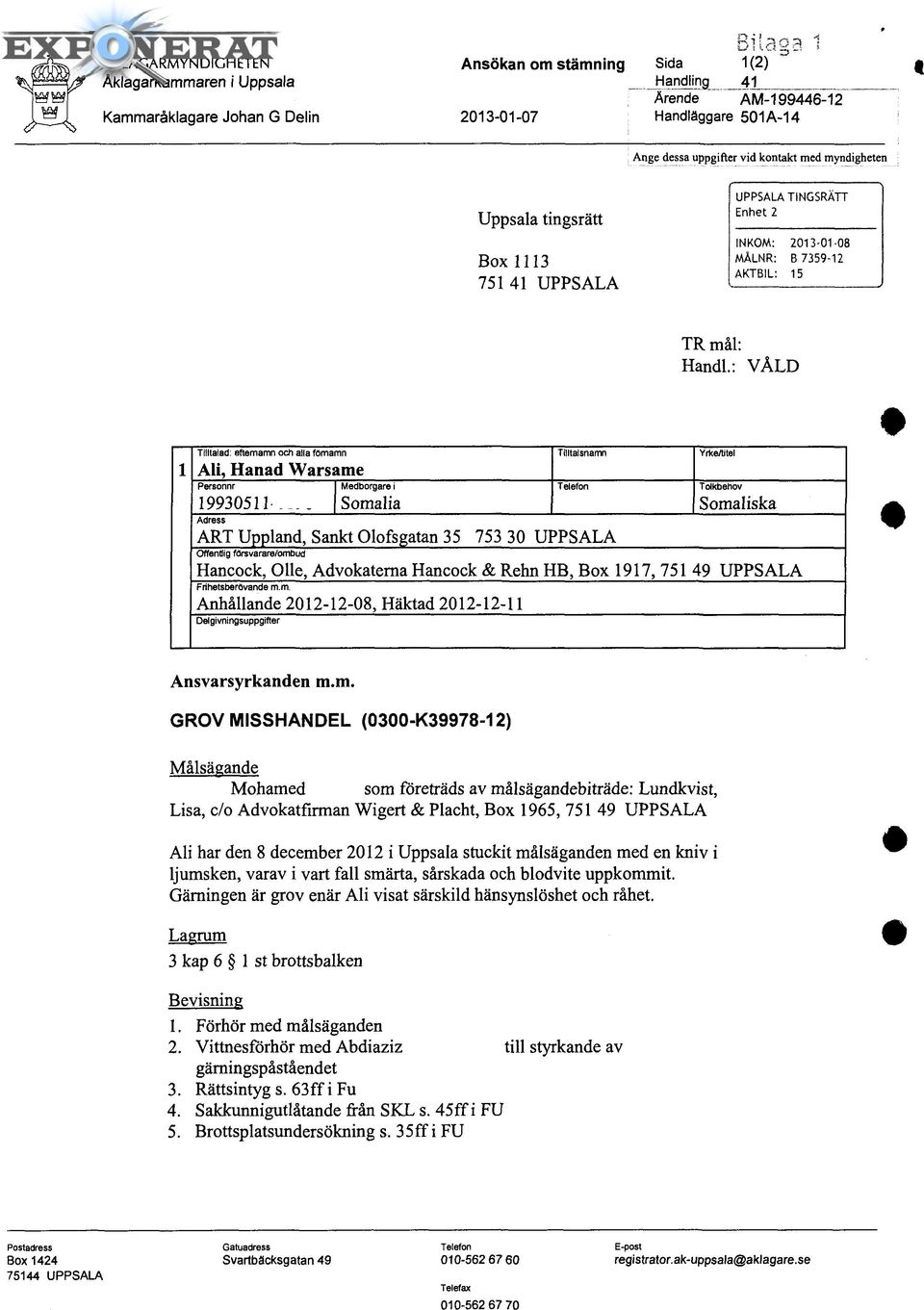 : VÅLD 1 Tilltalad: efternamn och alla förnamn Ali, Hånad Warsame Personnr 19930511-0190 Adress Medborgare i Somalia Tilltalsnamn Telefon Yrke/titel Tolkbehov Somaliska ART Uppland, Sankt Olofsgatan