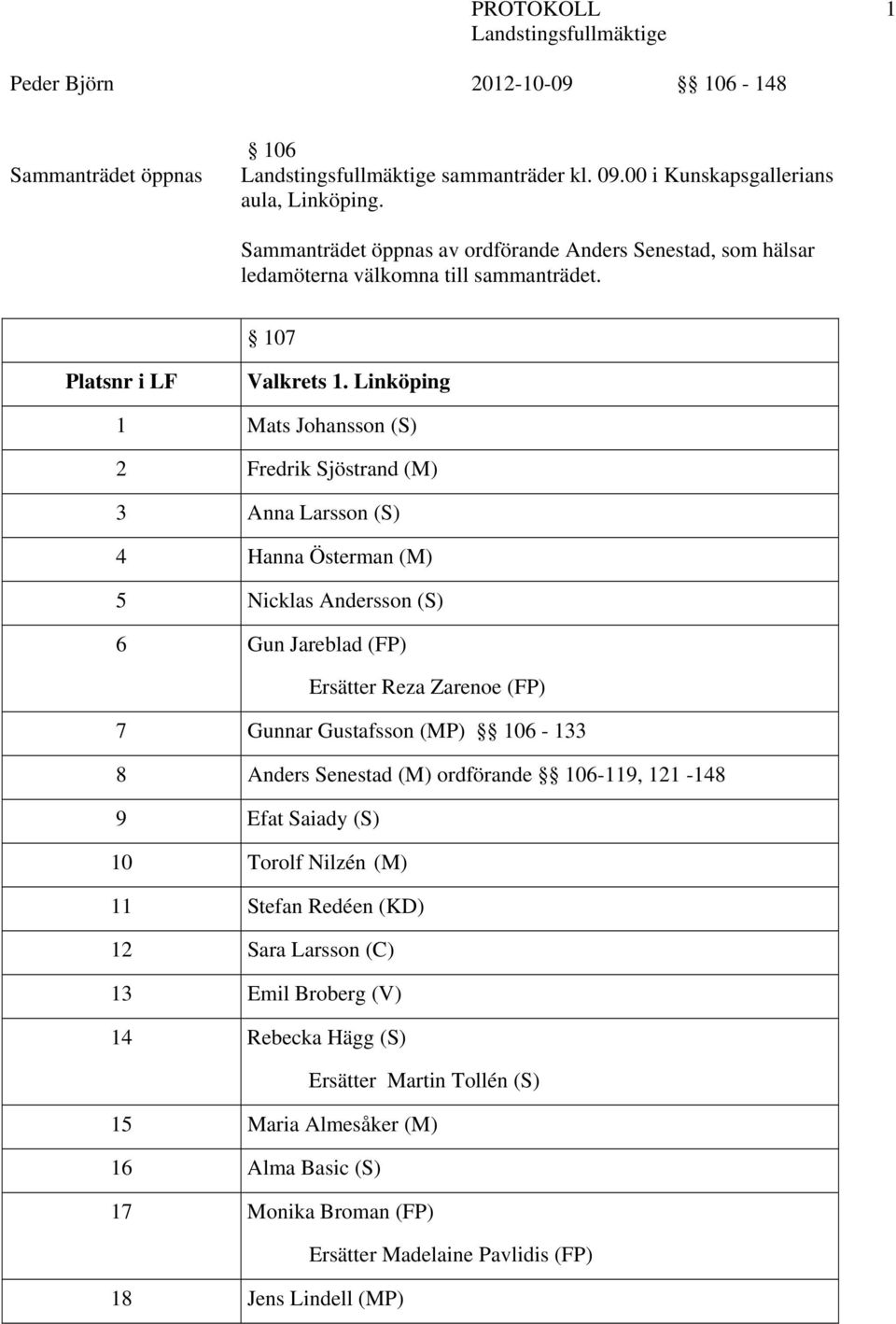 Linköping 1 Mats Johansson (S) 2 Fredrik Sjöstrand (M) 3 Anna Larsson (S) 4 Hanna Österman (M) 5 Nicklas Andersson (S) 6 Gun Jareblad (FP) Ersätter Reza Zarenoe (FP) 7 Gunnar Gustafsson