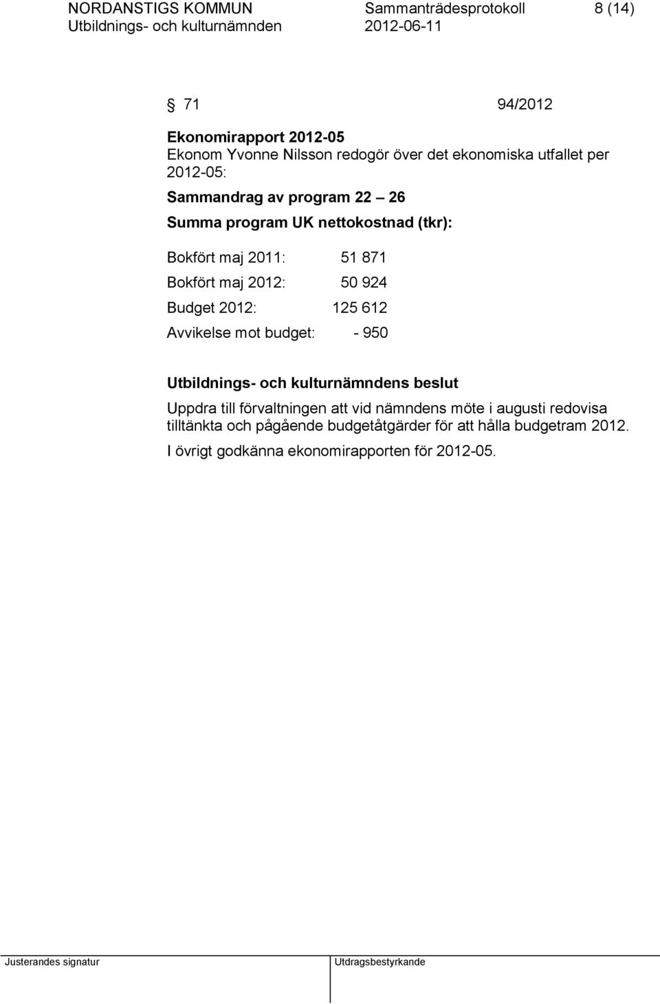 Bokfört maj 2012: 50 924 Budget 2012: 125 612 Avvikelse mot budget: - 950 Uppdra till förvaltningen att vid nämndens möte i