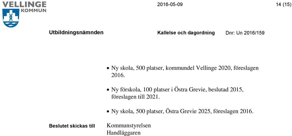 Ny förskola, 100 platser i Östra Grevie, beslutad 2015, föreslagen