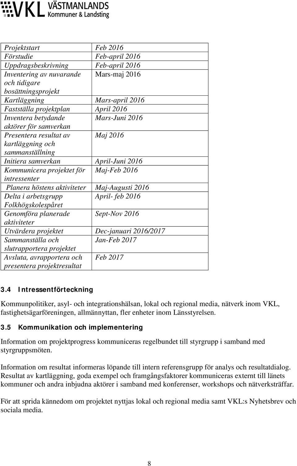 projektet för Maj-Feb 2016 intressenter Planera höstens aktiviteter Maj-Augusti 2016 Delta i arbetsgrupp April- feb 2016 Folkhögskolespåret Genomföra planerade Sept-Nov 2016 aktiviteter Utvärdera