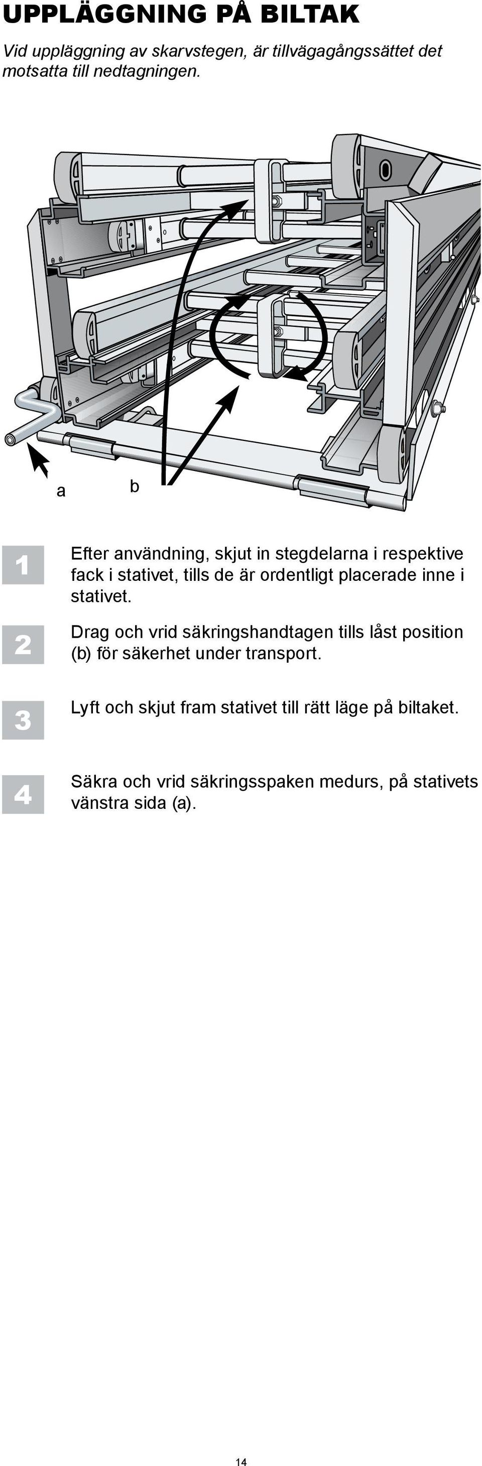 inne i stativet. Drag och vrid säkringshandtagen tills låst position (b) för säkerhet under transport.