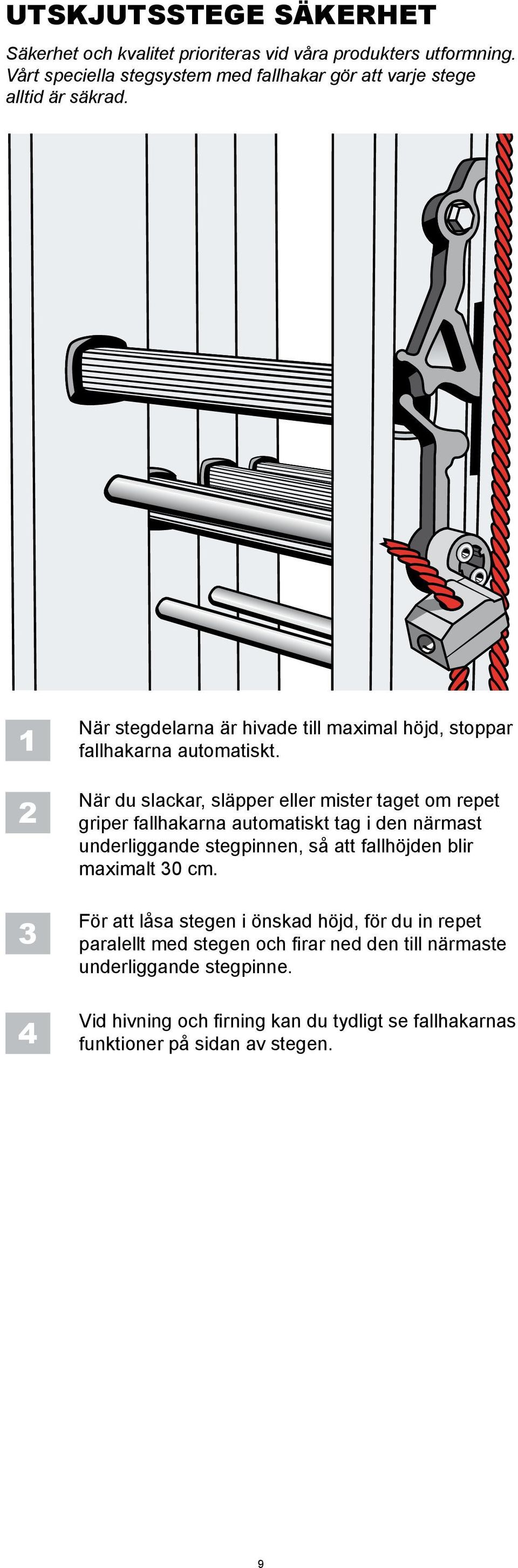 1 2 3 4 När stegdelarna är hivade till maximal höjd, stoppar fallhakarna automatiskt.