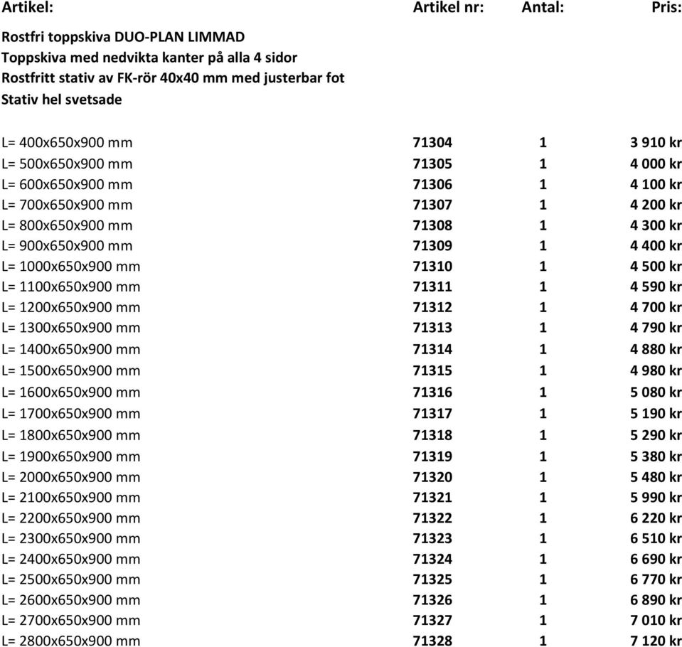 4 500 kr L= 1100x650x900 mm 71311 1 4 590 kr L= 1200x650x900 mm 71312 1 4 700 kr L= 1300x650x900 mm 71313 1 4 790 kr L= 1400x650x900 mm 71314 1 4 880 kr L= 1500x650x900 mm 71315 1 4 980 kr L=