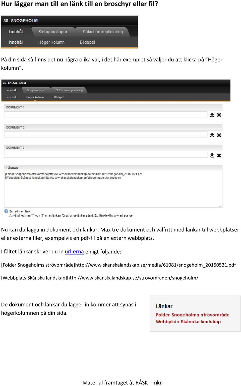 Max tre dokument och valfritt med länkar till webbplatser eller externa filer, exempelvis en pdf-fil på en extern webbplats.