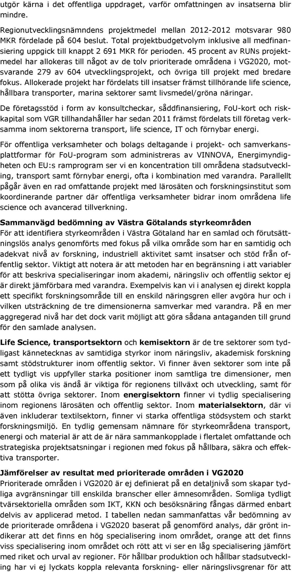 45 procent av RUNs projektmedel har allokeras till något av de tolv prioriterade områdena i VG2020, motsvarande 279 av 604 utvecklingsprojekt, och övriga till projekt med bredare fokus.