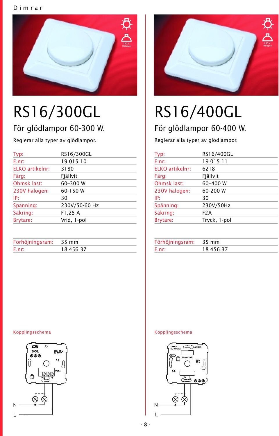 Vrid, 1-pol RS16/400GL För glödlampor 60-400 W. Reglerar alla typer av glödlampor. RS16/400GL E.