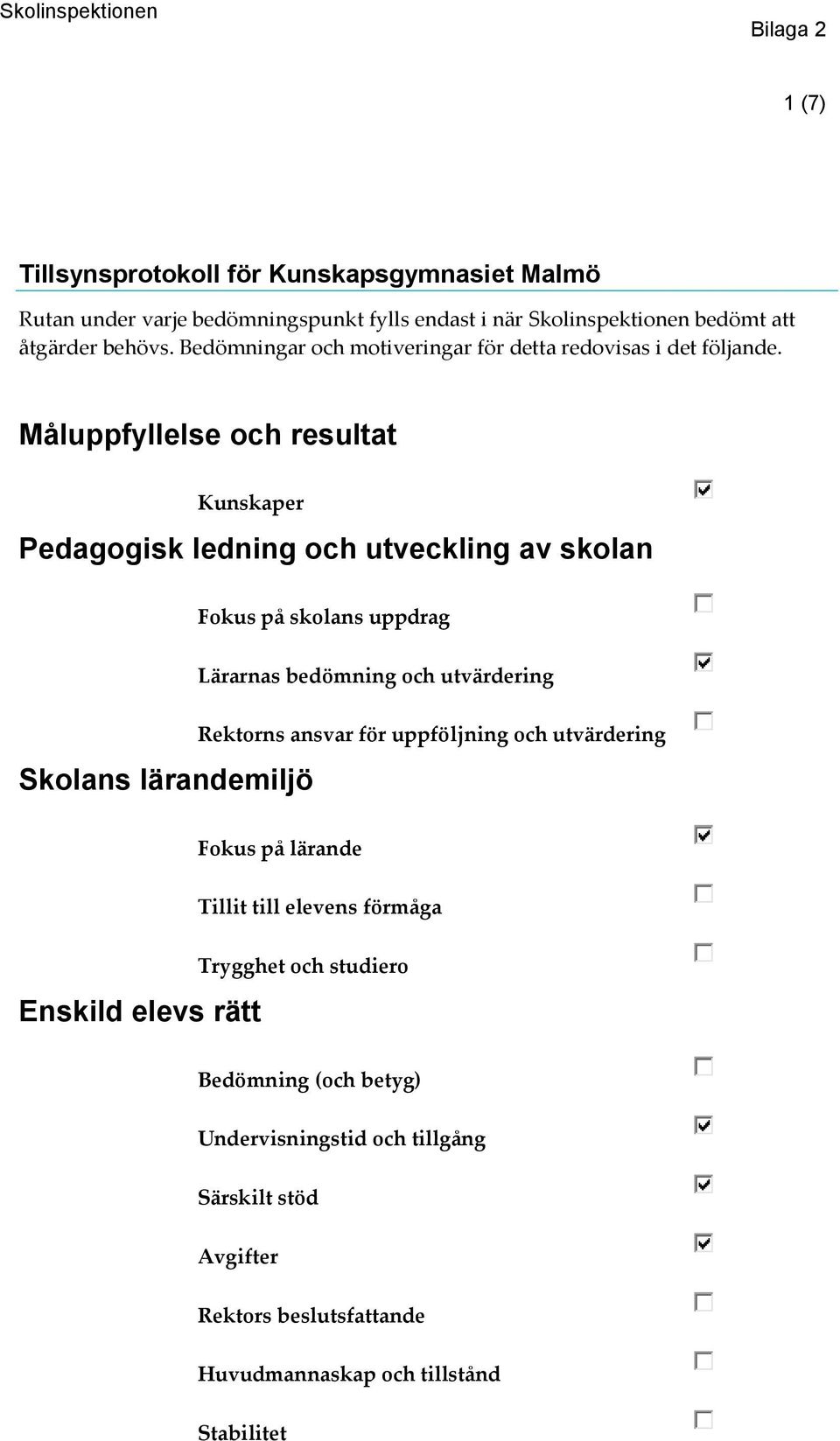 Måluppfyllelse och resultat Kunskaper Pedagogisk ledning och utveckling av skolan Fokus på skolans uppdrag Lärarnas bedömning och utvärdering Skolans lärandemiljö