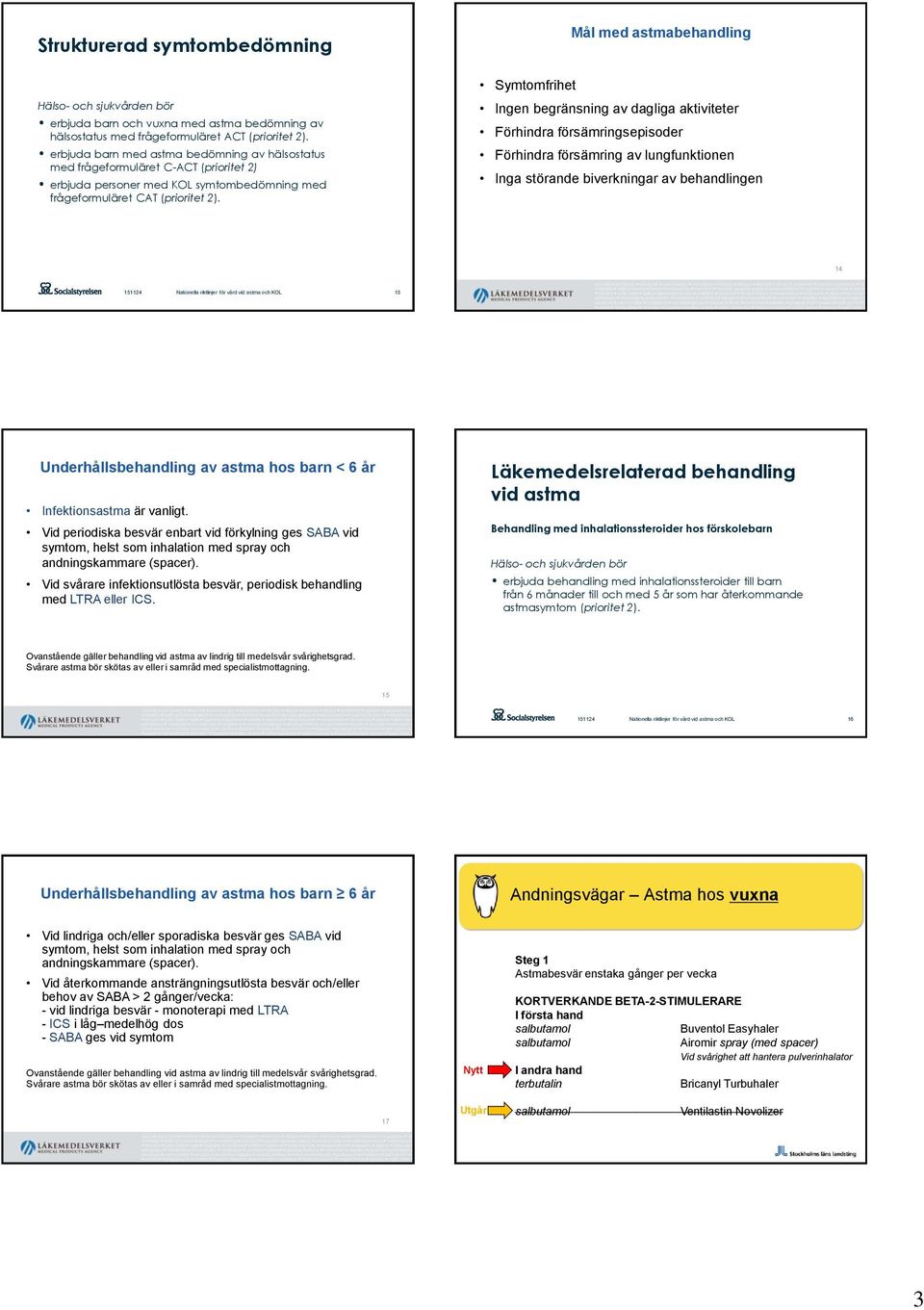 Mål med astmabehandling Symtomfrihet Ingen begränsning av dagliga aktiviteter Förhindra försämringsepisoder Förhindra försämring av lungfunktionen Inga störande biverkningar av behandlingen 14 13