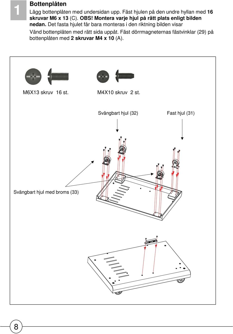 Det fasta hjulet får bara monteras i den riktning bilden visar Vänd bottenplåten med rätt sida uppåt.