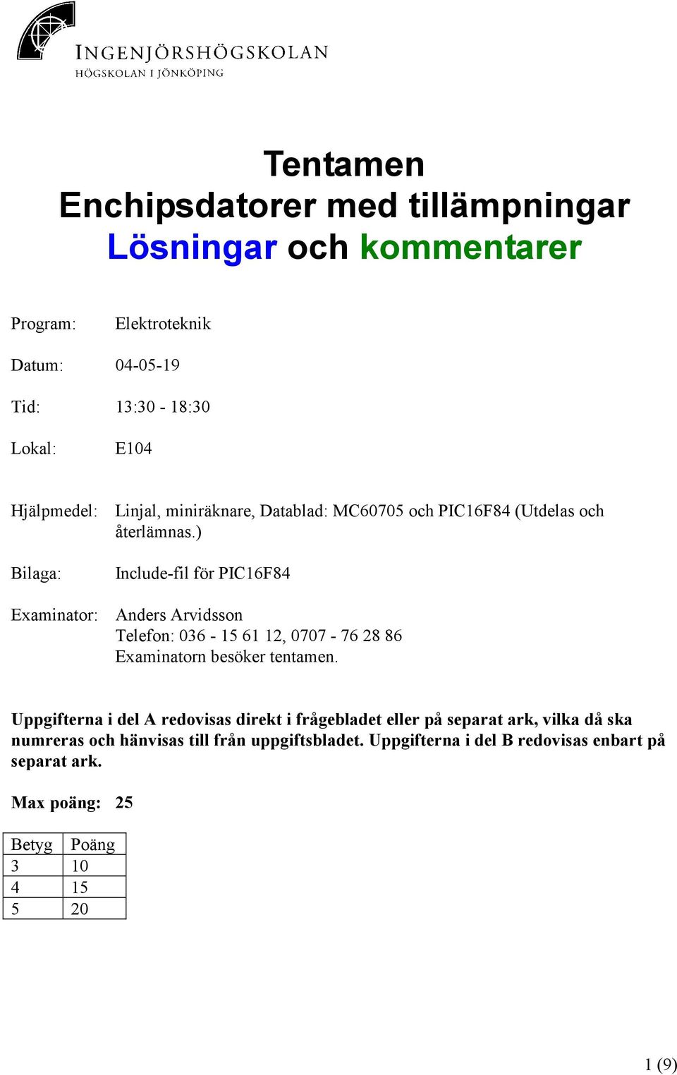 ) Bilaga: Include-fil för PIC16F84 Examinator: Anders Arvidsson Telefon: 036-15 61 12, 0707-76 28 86 Examinatorn besöker tentamen.