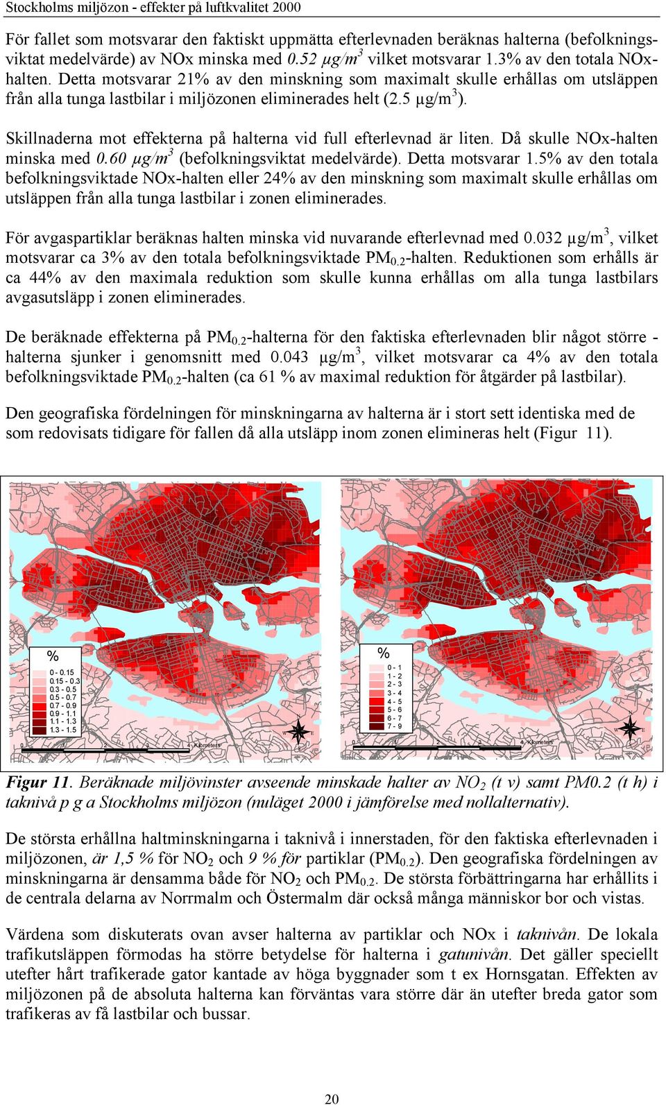 Skillnaderna mot effekterna på halterna vid full efterlevnad är liten. Då skulle NOx-halten minska med 0.60 µg/m 3 (befolkningsviktat medelvärde). Detta motsvarar 1.