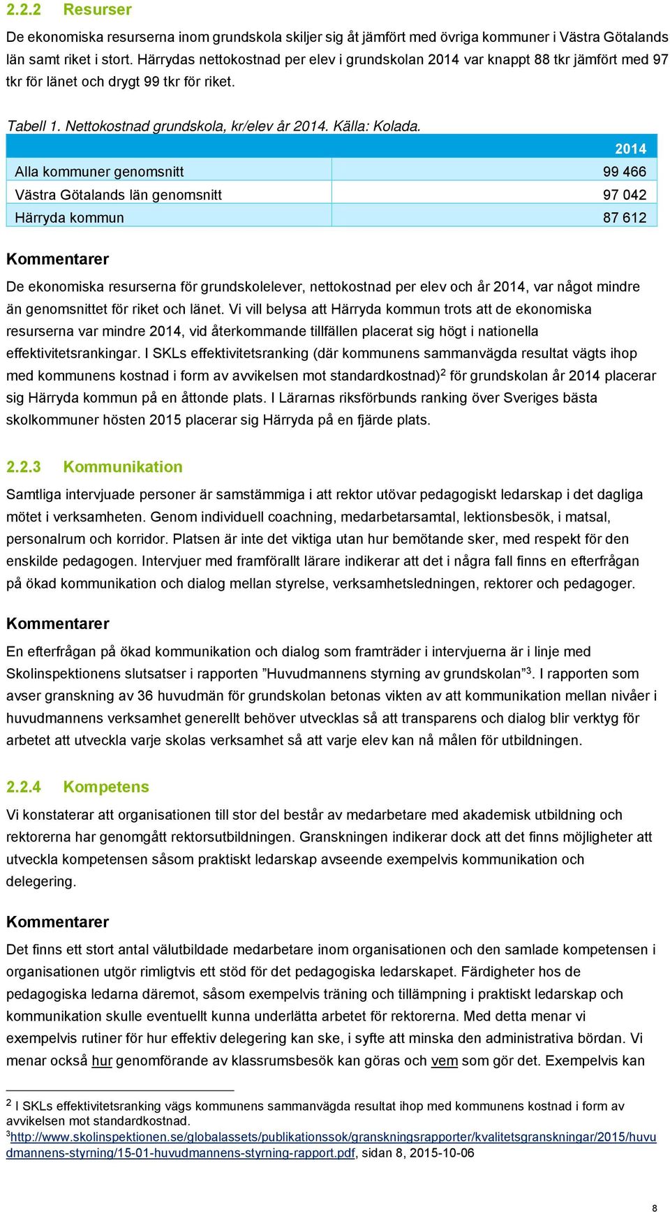 2014 Alla kommuner genomsnitt 99 466 Västra Götalands län genomsnitt 97 042 Härryda kommun 87 612 Kommentarer De ekonomiska resurserna för grundskolelever, nettokostnad per elev och år 2014, var