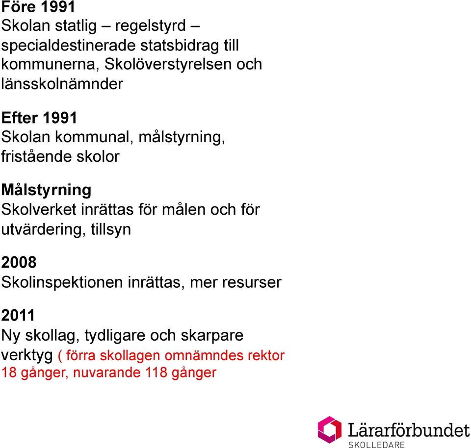 inrättas för målen och för utvärdering, tillsyn 2008 Skolinspektionen inrättas, mer resurser 2011 Ny