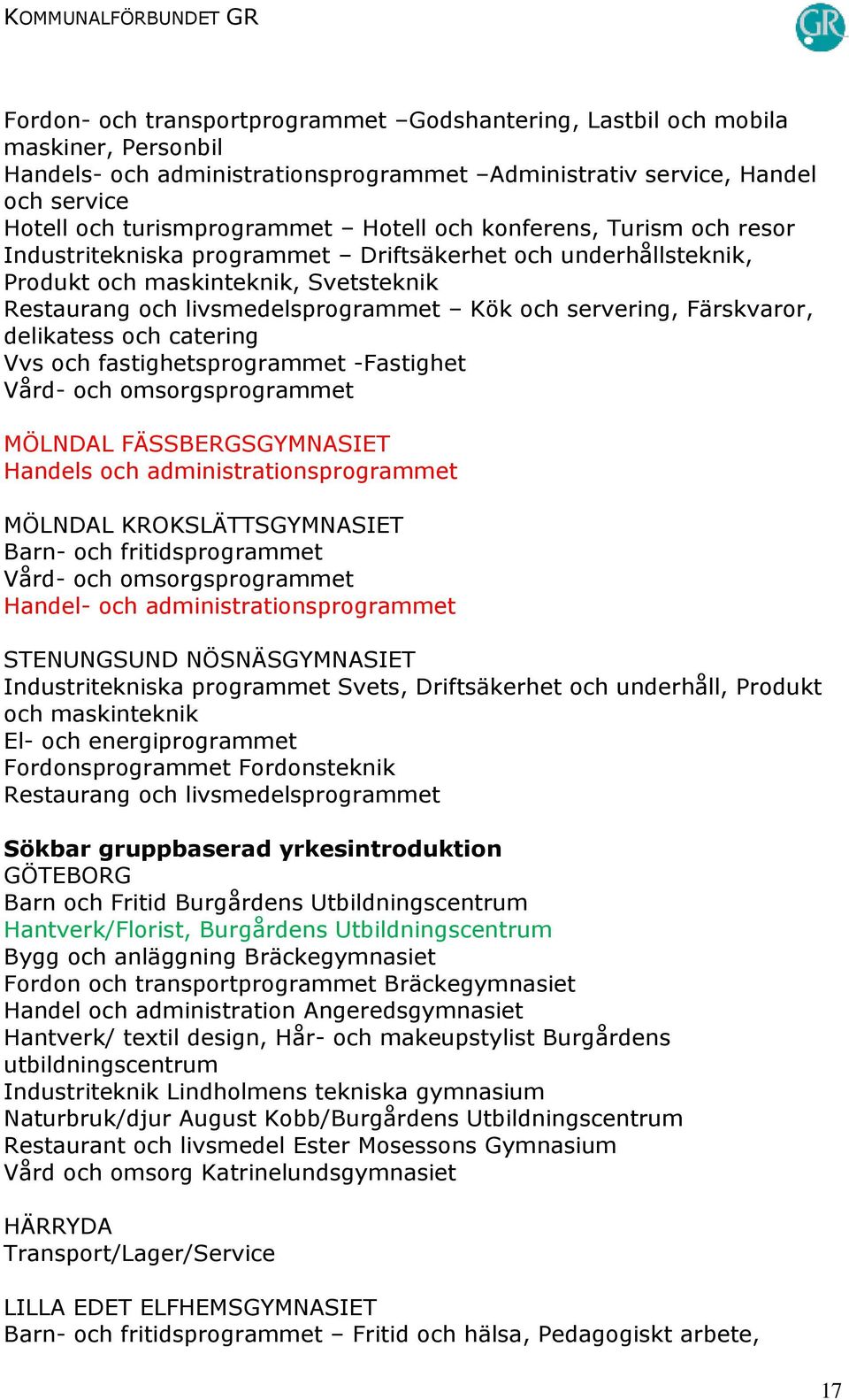 Färskvaror, delikatess och catering Vvs och fastighetsprogrammet -Fastighet Vård- och omsorgsprogrammet Handels och administrationsprogrammet MÖLNDAL KROKSLÄTTSGYMNASIET Barn- och fritidsprogrammet