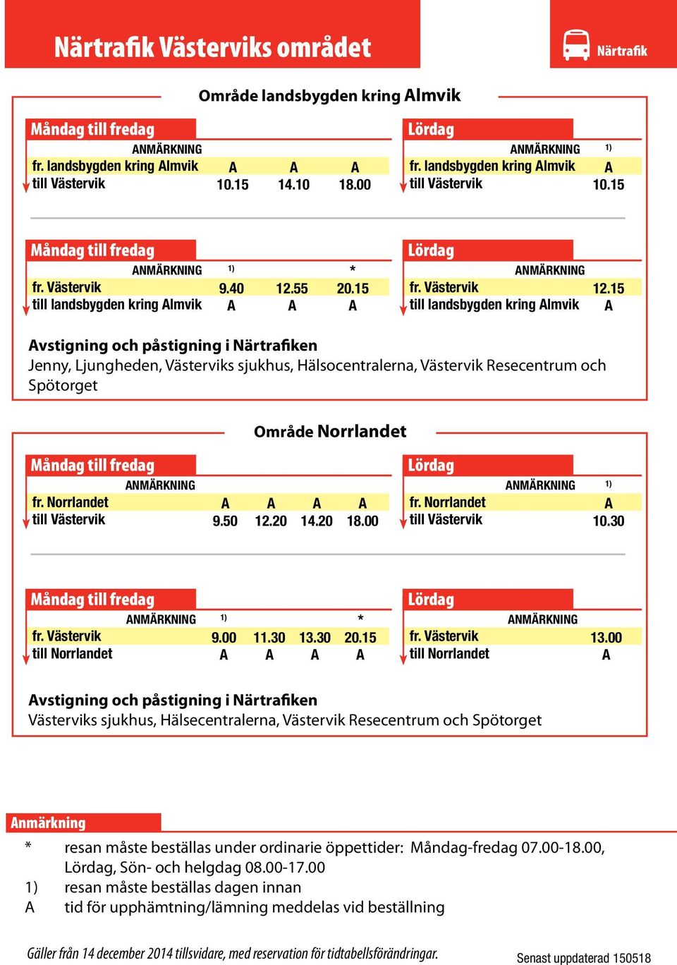 15 vstigning och påstigning i Närtrafiken Jenny, Ljungheden, Västerviks sjukhus, Hälsocentralerna, Västervik Resecentrum och Spötorget Område Norrlandet fr. Norrlandet till Västervik 9.50 12.20 14.