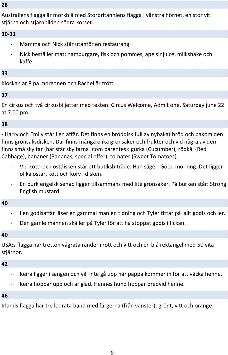 37 En cirkus och två cirkusbiljetter med texten: Circus Welcome, Admit one, Saturday june 22 at 7.00 pm. 38 - Harry och Emily står i en affär.