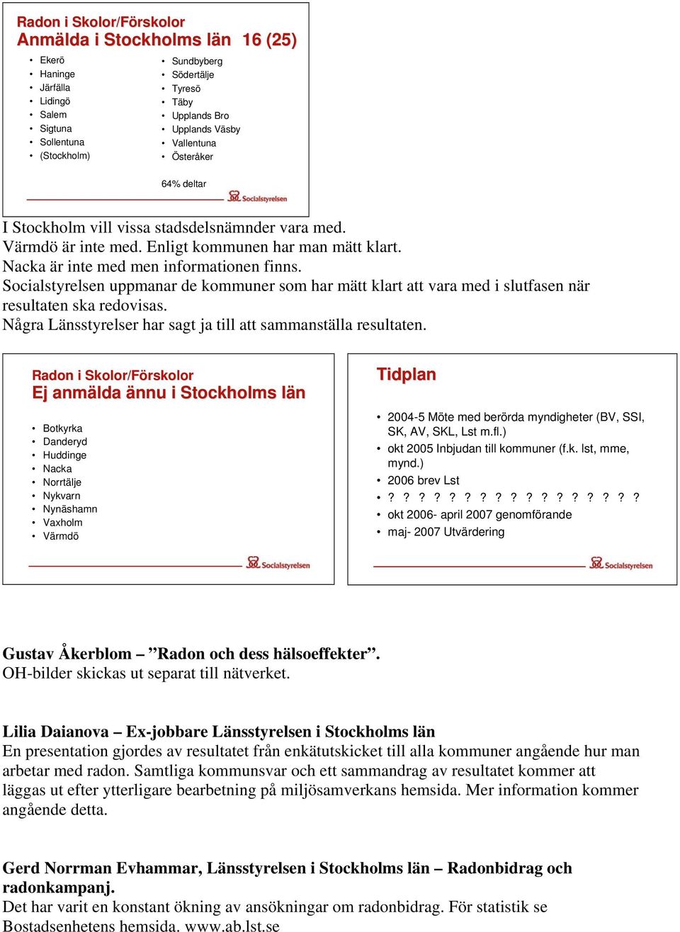 Socialstyrelsen uppmanar de kommuner som har mätt klart att vara med i slutfasen när resultaten ska redovisas. Några Länsstyrelser har sagt ja till att sammanställa resultaten.