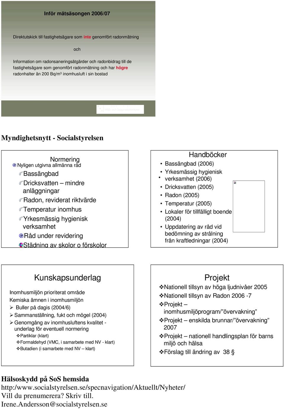 Radon, reviderat riktvärde Temperatur inomhus Yrkesmässig hygienisk verksamhet Råd under revidering Städning av skolor o förskolor Handböcker Bassängbad (2006) Yrkesmässig hygienisk verksamhet (2006)