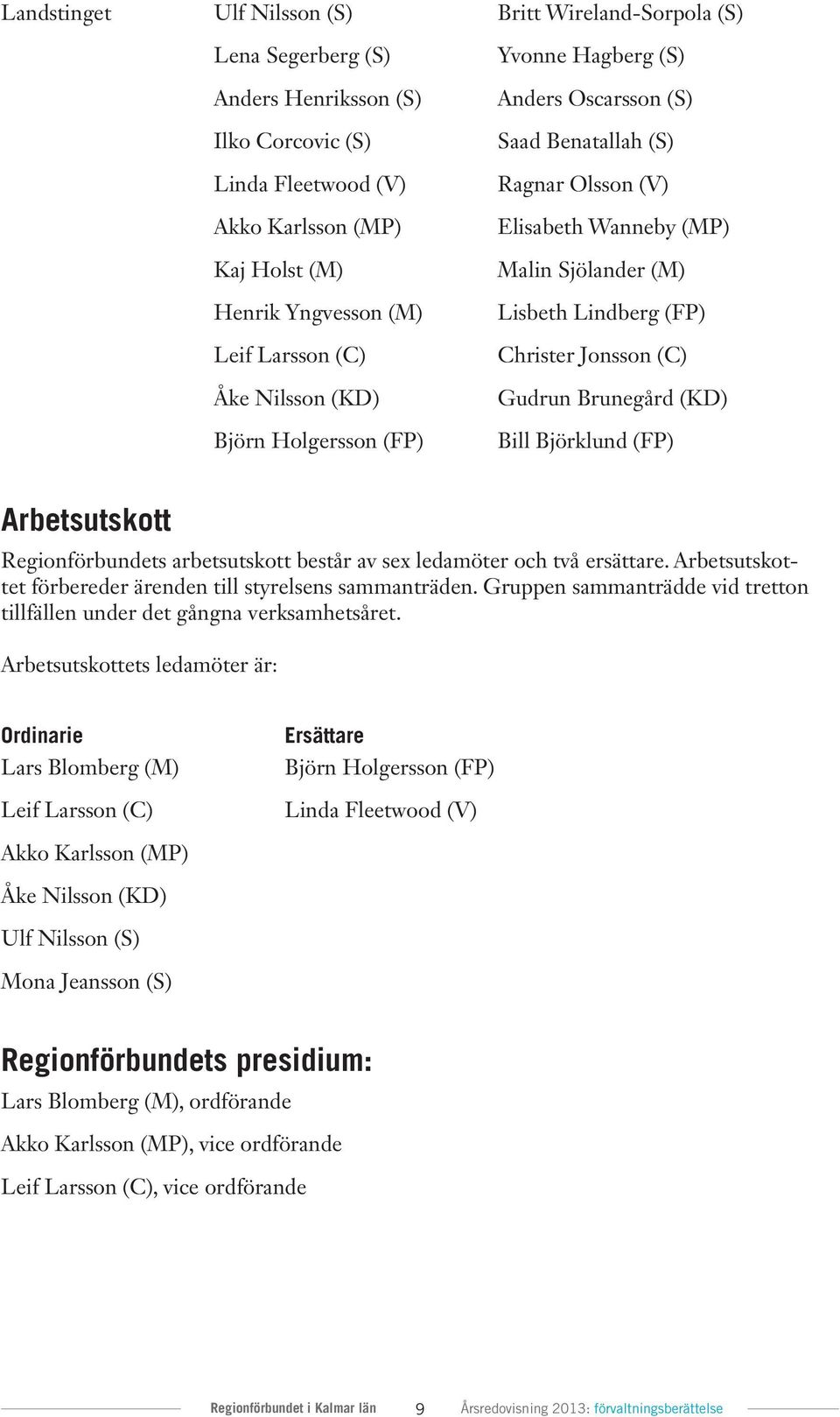 Christer Jonsson (C) Gudrun Brunegård (KD) Bill Björklund (FP) Arbetsutskott Regionförbundets arbetsutskott består av sex ledamöter och två ersättare.