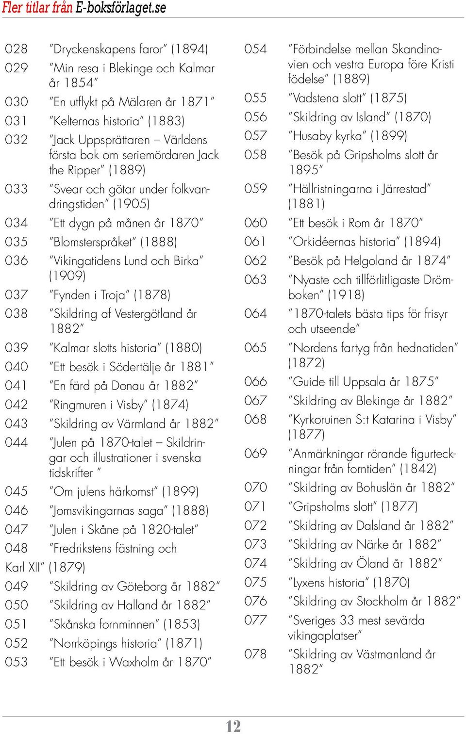 seriemördaren Jack the Ripper (1889) 033 Svear och götar under folkvandringstiden (1905) 034 Ett dygn på månen år 1870 035 Blomsterspråket (1888) 036 Vikingatidens Lund och Birka (1909) 037 Fynden i