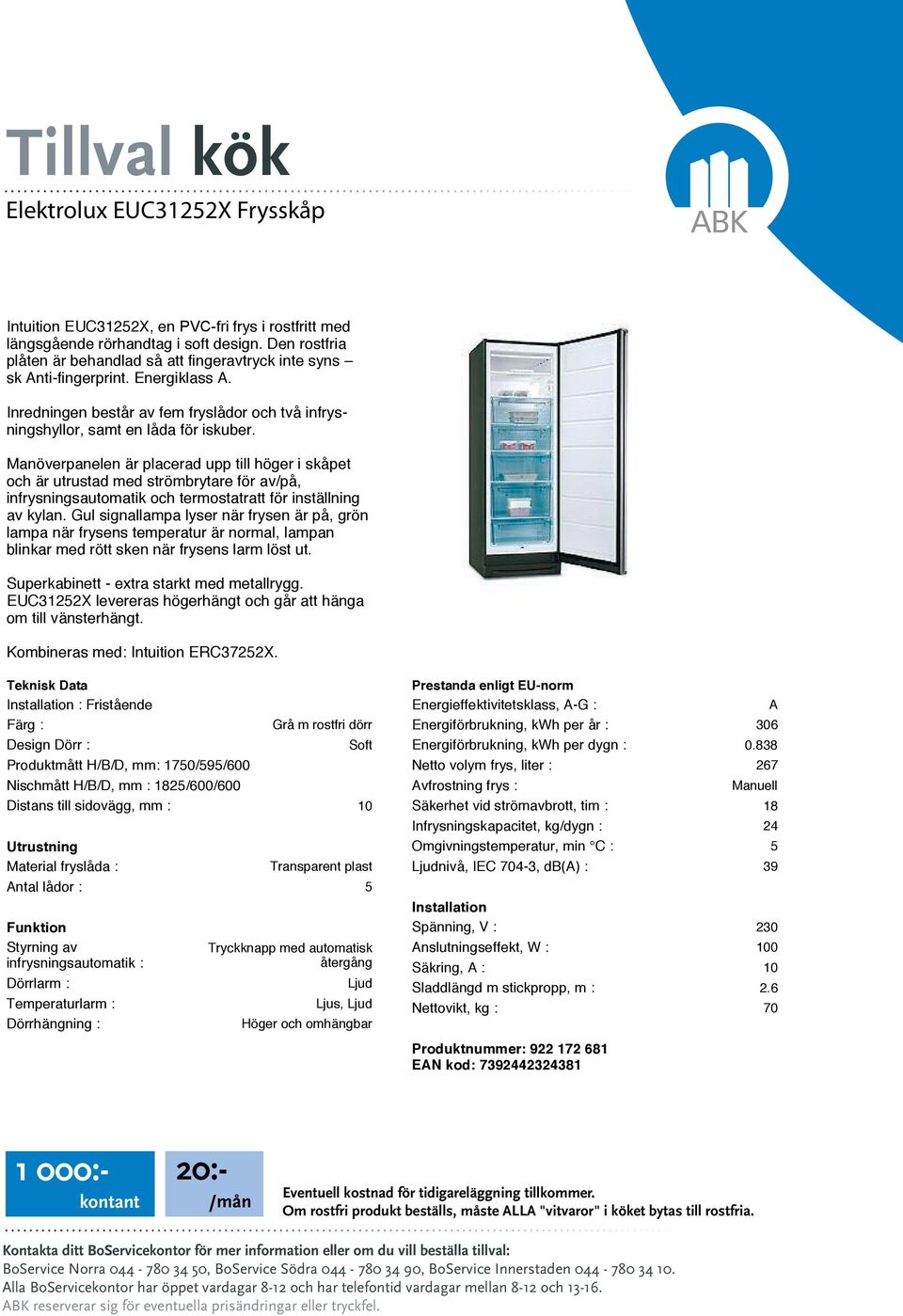 Manöverpanelen är placerad upp till höger i skåpet och är utrustad med strömbrytare för av/på, infrysningsautomatik och termostatratt för inställning av kylan.