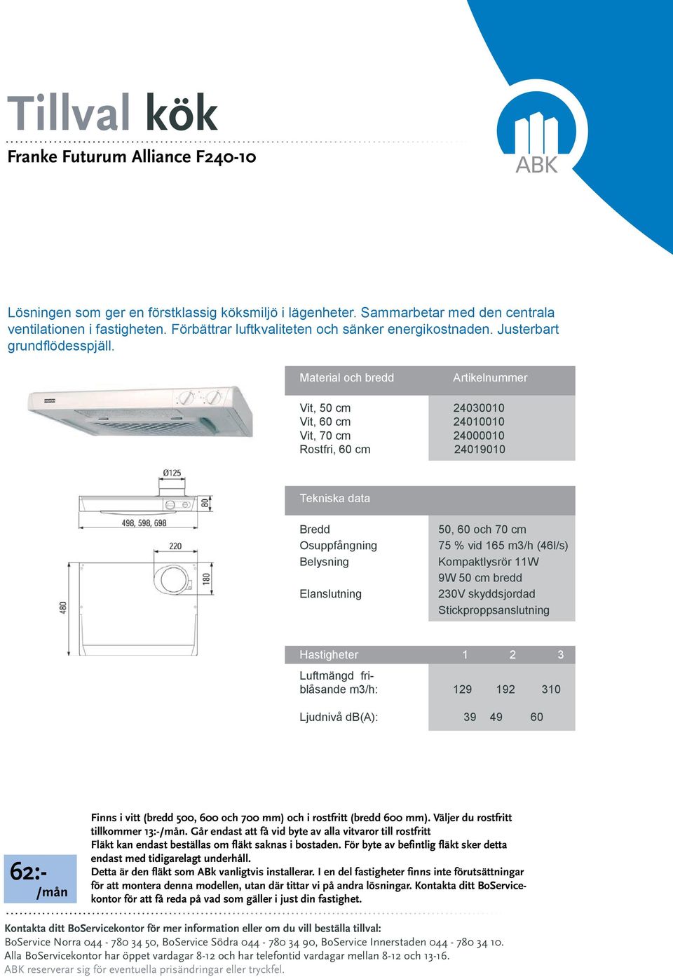 Material och bredd rtikelnummer Vit, 50 cm 24030010 Vit, 60 cm 24010010 Vit, 70 cm 24000010 Rostfri, 60 cm 24019010 Tekniska data Bredd Osuppfångning Belysning Elanslutning 50, 60 och 70 cm 75 % vid