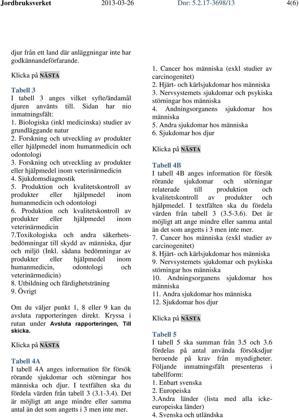 Forskning och utveckling av produkter eller hjälpmedel inom veterinärmedicin 4. Sjukdomsdiagnostik 5. Produktion och kvalitetskontroll av produkter eller hjälpmedel inom humanmedicin och odontologi 6.