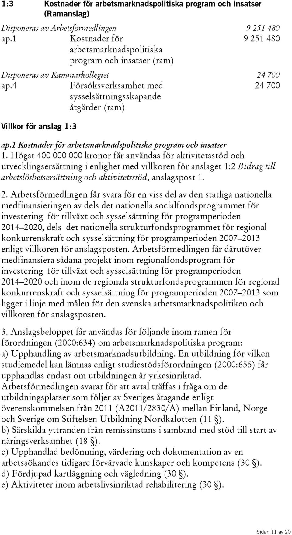 4 Försöksverksamhet med sysselsättningsskapande åtgärder(ram) 24700 Villkor för anslag 1:3 ap.1 Kostnader för arbetsmarknadspolitiska program och insatser 1.