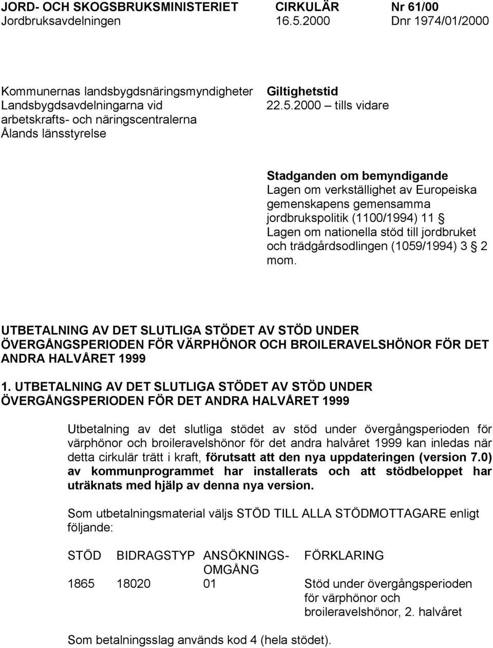 2000 tills vidare Stadganden om bemyndigande Lagen om verkställighet av Europeiska gemenskapens gemensamma jordbrukspolitik (1100/1994) 11 Lagen om nationella stöd till jordbruket och