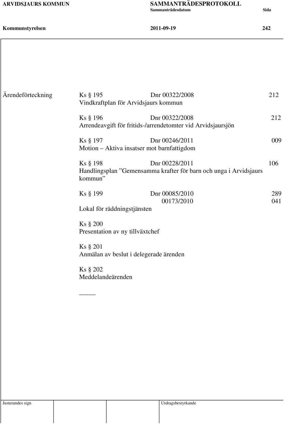 198 Dnr 00228/2011 106 Handlingsplan Gemensamma krafter för barn och unga i Arvidsjaurs kommun Ks 199 Dnr 00085/2010 289 00173/2010 041