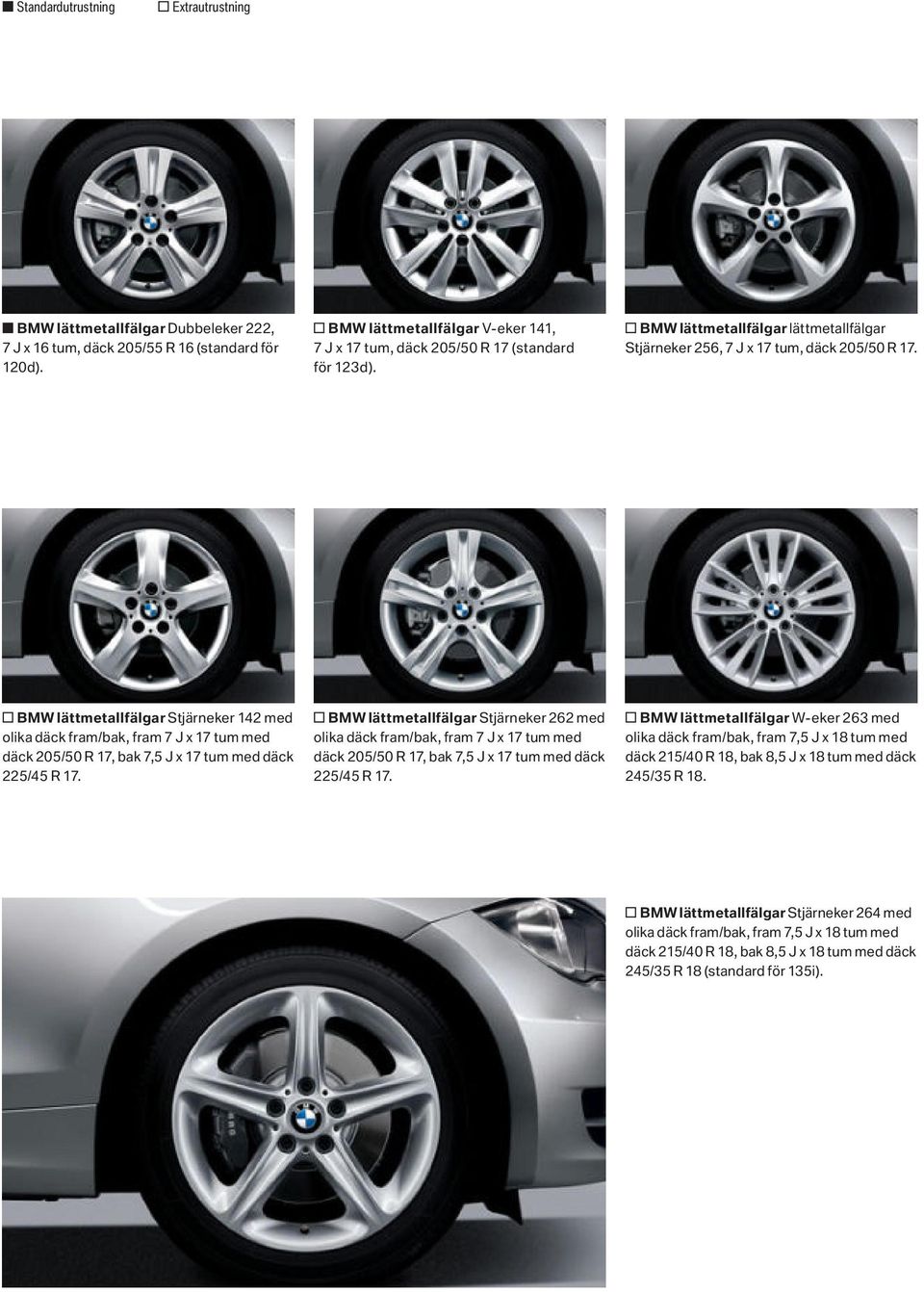 o BMW lättmetallfälgar Stjärneker 142 med olika däck fram/bak, fram 7 J x 17 tum med däck 205/50 R 17, bak 7,5 J x 17 tum med däck 225/45 R 17.