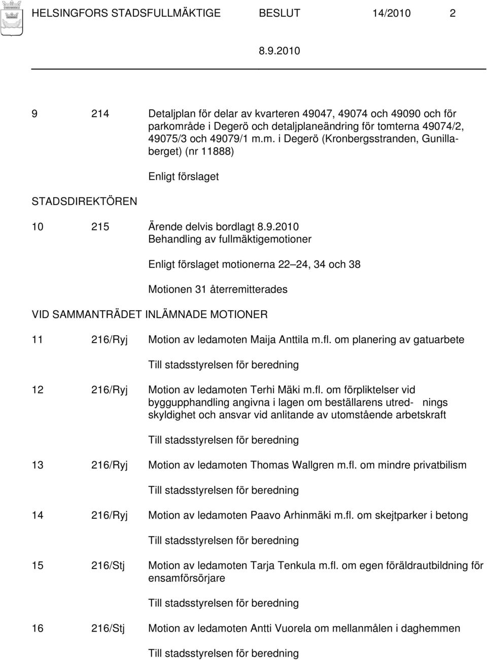 9.2010 Behandling av fullmäktigemotioner motionerna 22 24, 34 och 38 Motionen 31 återremitterades VID SAMMANTRÄDET INLÄMNADE MOTIONER 11 216/Ryj Motion av ledamoten Maija Anttila m.fl.