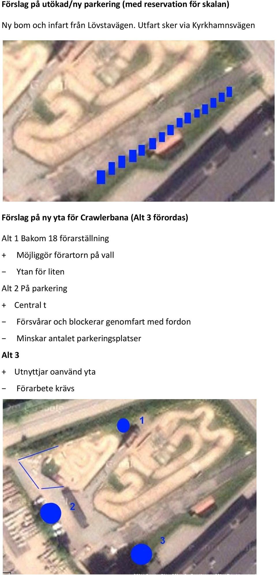 förarställning + Möjliggör förartorn på vall Ytan för liten Alt 2 På parkering + Central t Försvårar