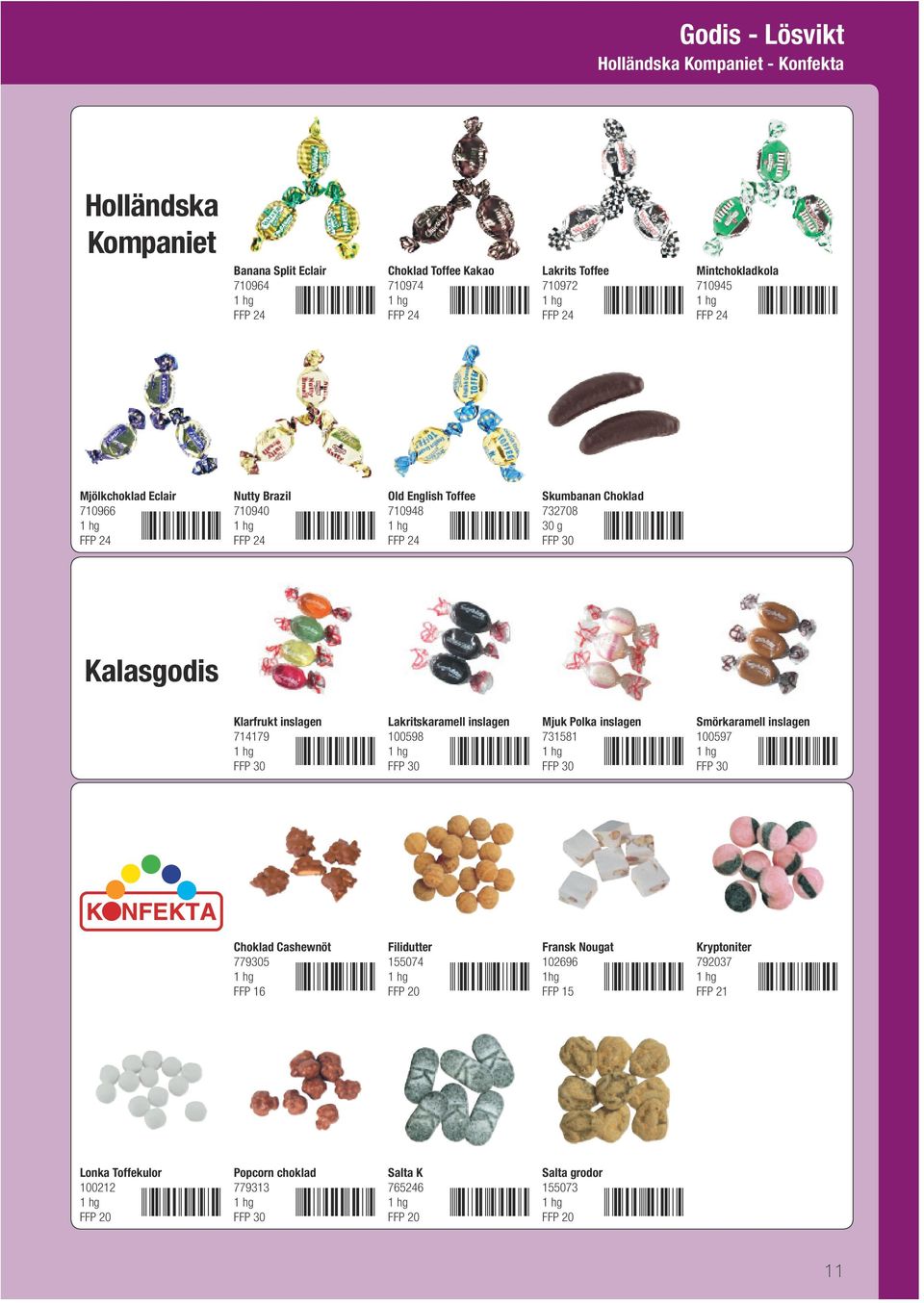 Klarfrukt inslagen 714179 Lakritskaramell inslagen 100598 Mjuk Polka inslagen 731581 Smörkaramell inslagen 100597 Choklad Cashewnöt 779305