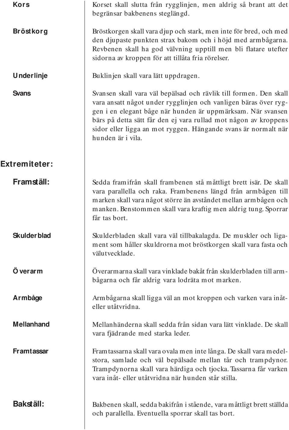 Revbenen skall ha god välvning upptill men bli flatare utefter sidorna av kroppen för att tillåta fria rörelser. Buklinjen skall vara lätt uppdragen.